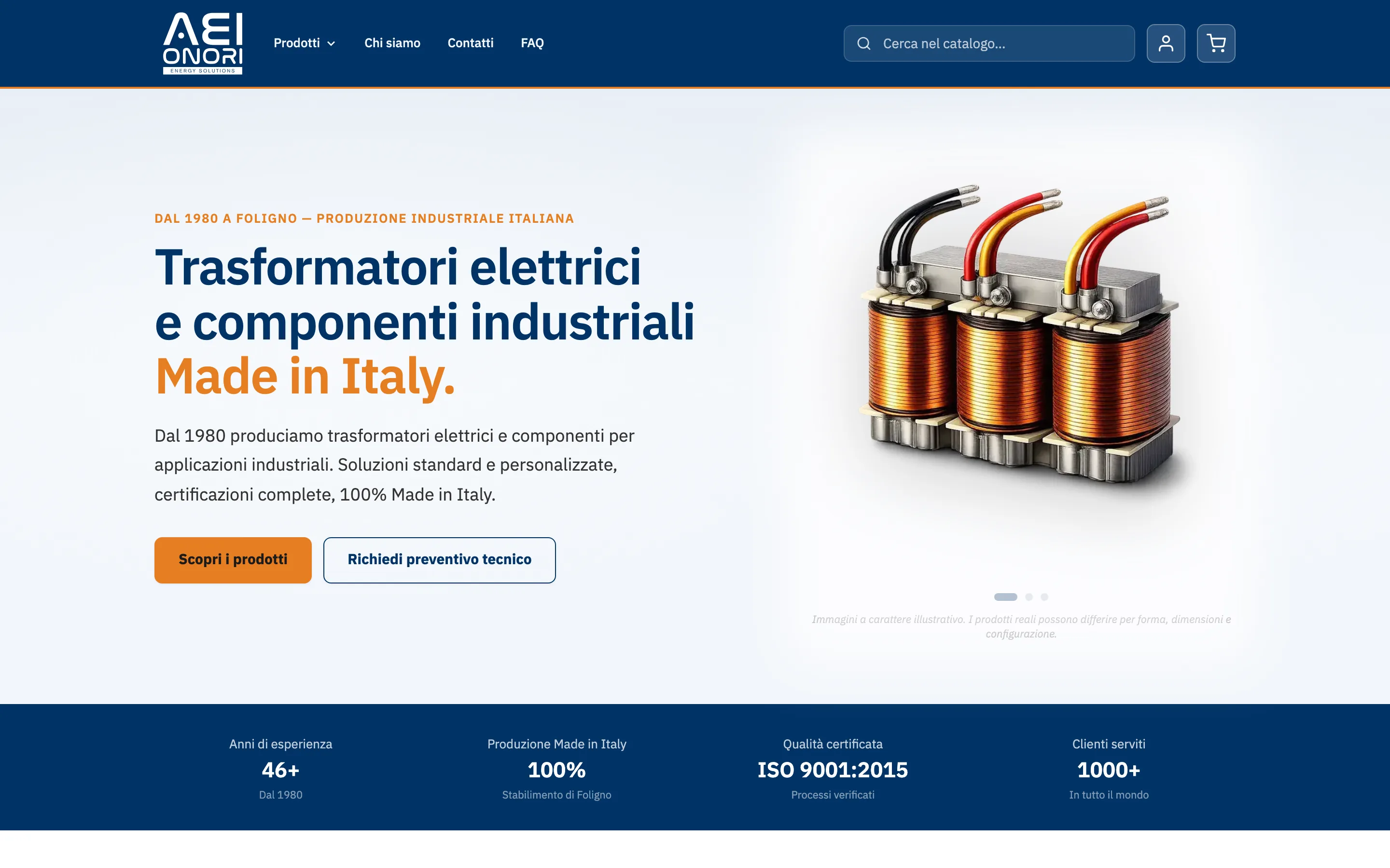 Anteprima della homepage Onori Energy: claim 'Trasformatori elettrici e componenti industriali Made in Italy', rendering 3D di trasformatore, KPI '46+ anni, 100% Italy, ISO 9001:2015, 1000+ clienti'.